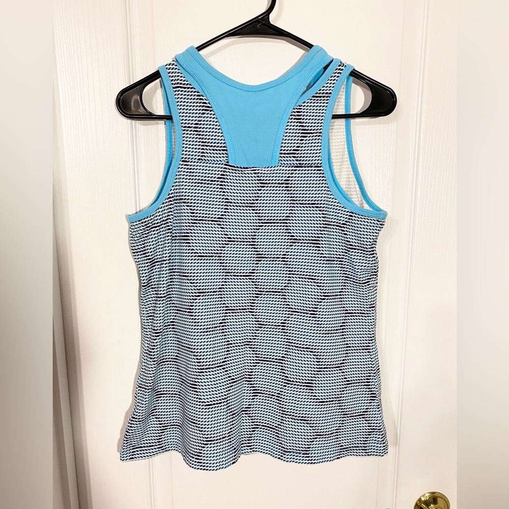 Reebok Inbuilt Bra Patterned Stretch Cotton Racerback Performance Tank Top Blue - Picture 2 of 6
